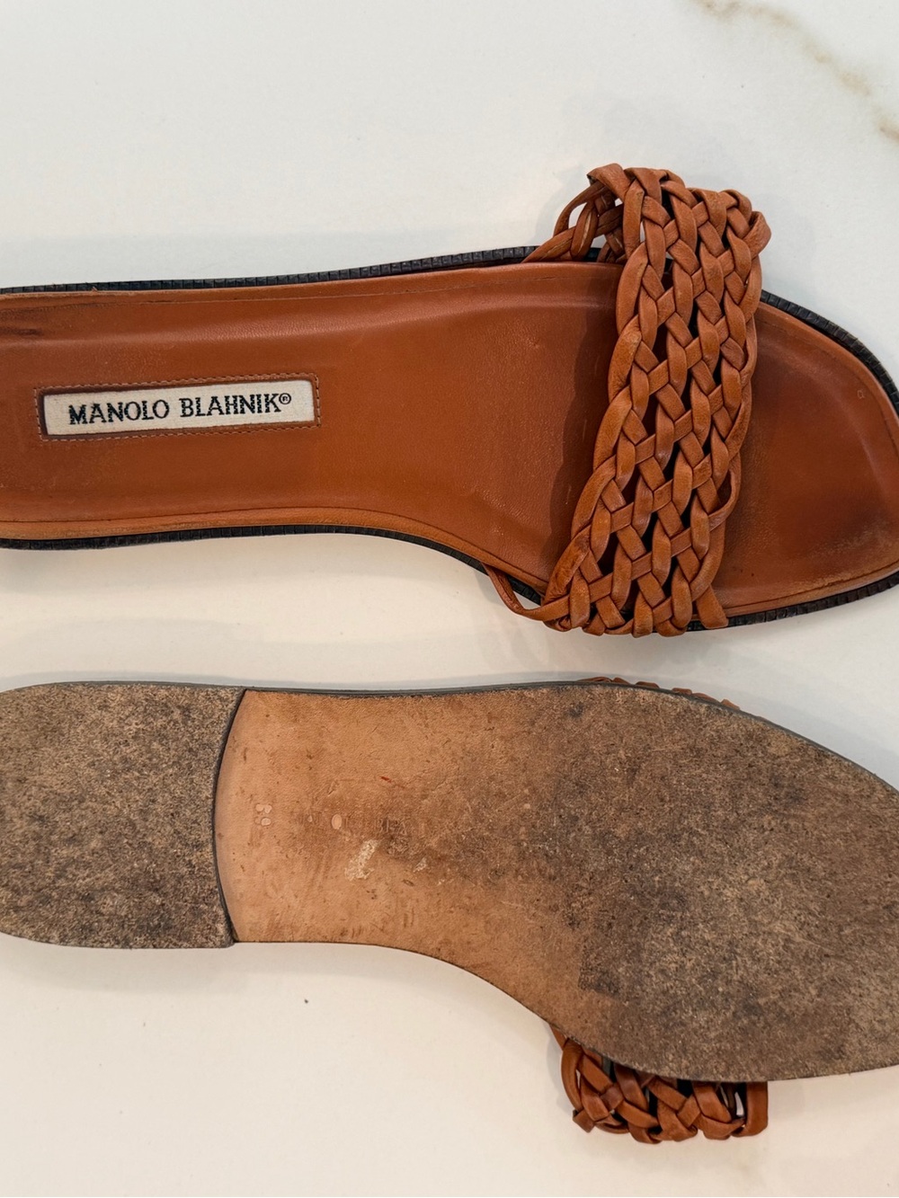 Manolo Blahnik Tan Woven Leather Slide - Picture 3 of 5